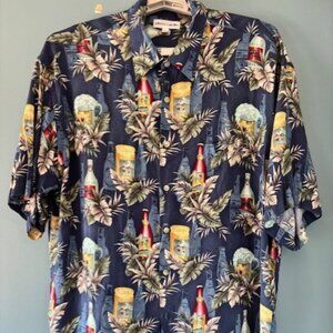 Pierre Cardin Blue Beer Print Resort Wear Short Sleeve Button Shirt Men's L Vtg